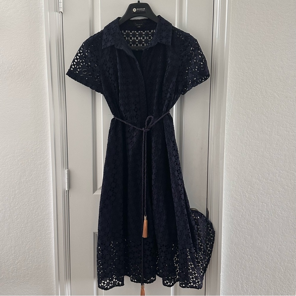 Ann Taylor Navy Blue Eyelet Midi Dress With Tassel Rope Belt Size 10